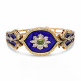 Antique Victorian Yellow Gold Guilloche Enamel Peridot & Diamond Hinged Bracelet