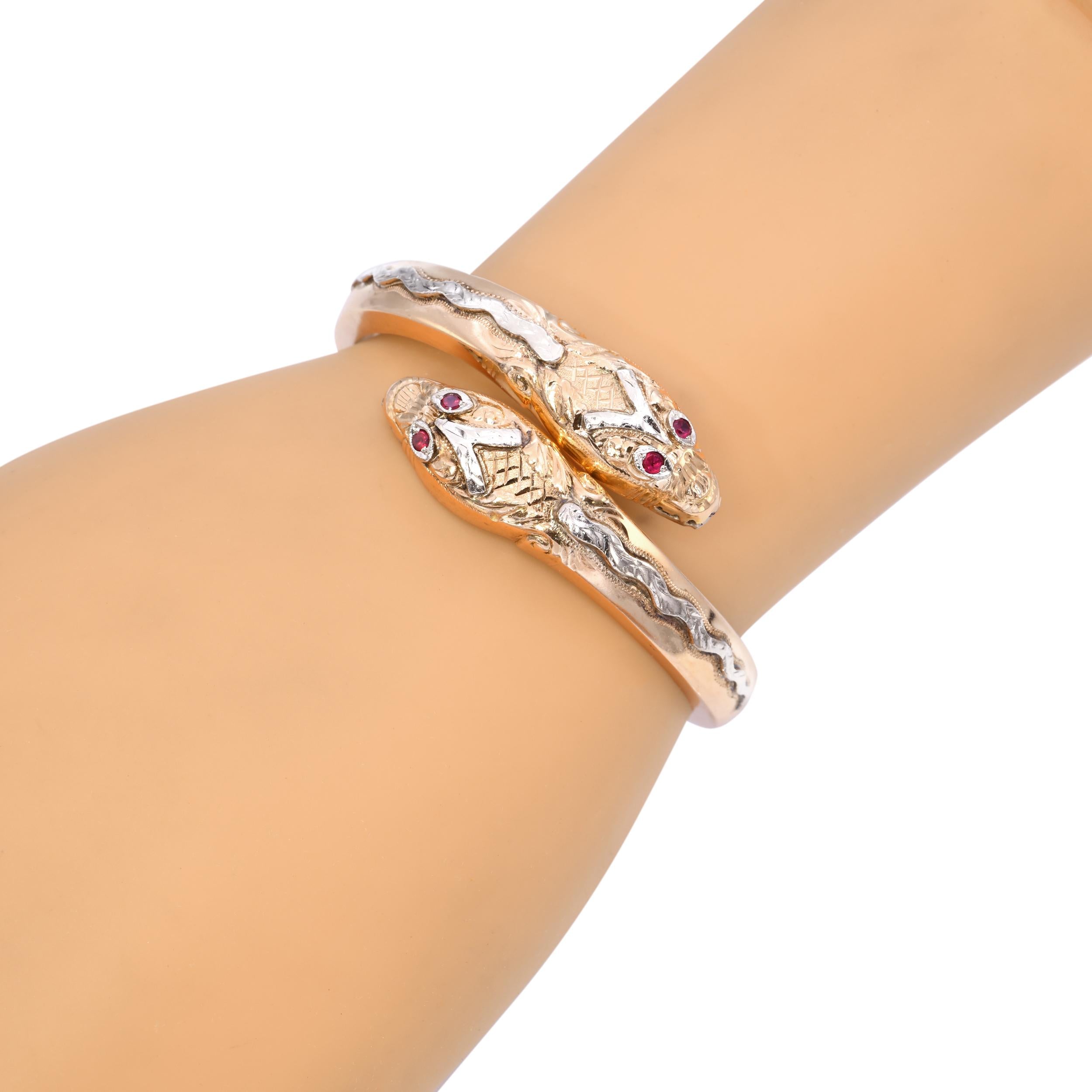 Vintage 14k Rose Gold Double Headed Snake Hinged Cuff Bracelet