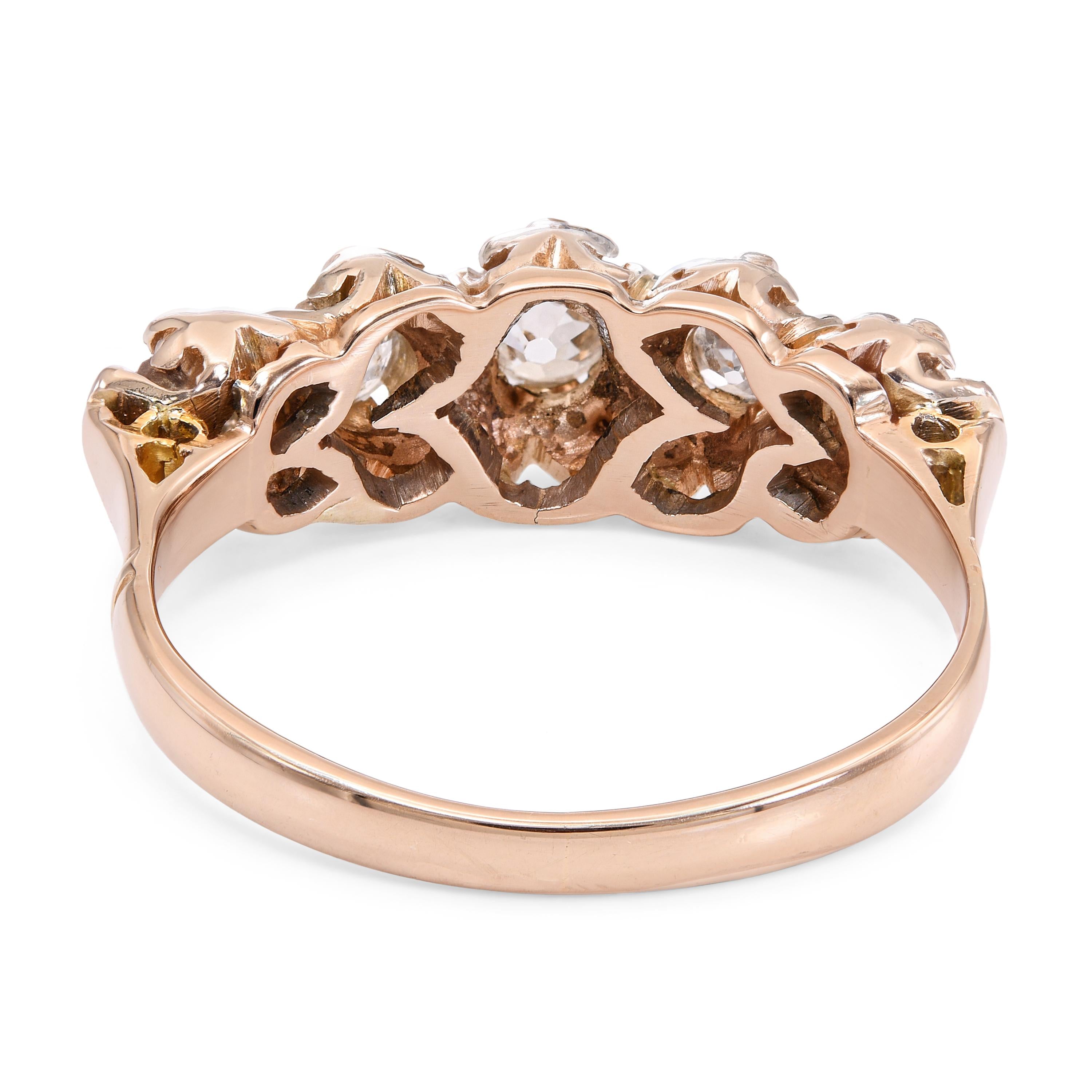 Antique Victorian 15k Yellow Gold Old European Cut Diamond Five Stone Ring