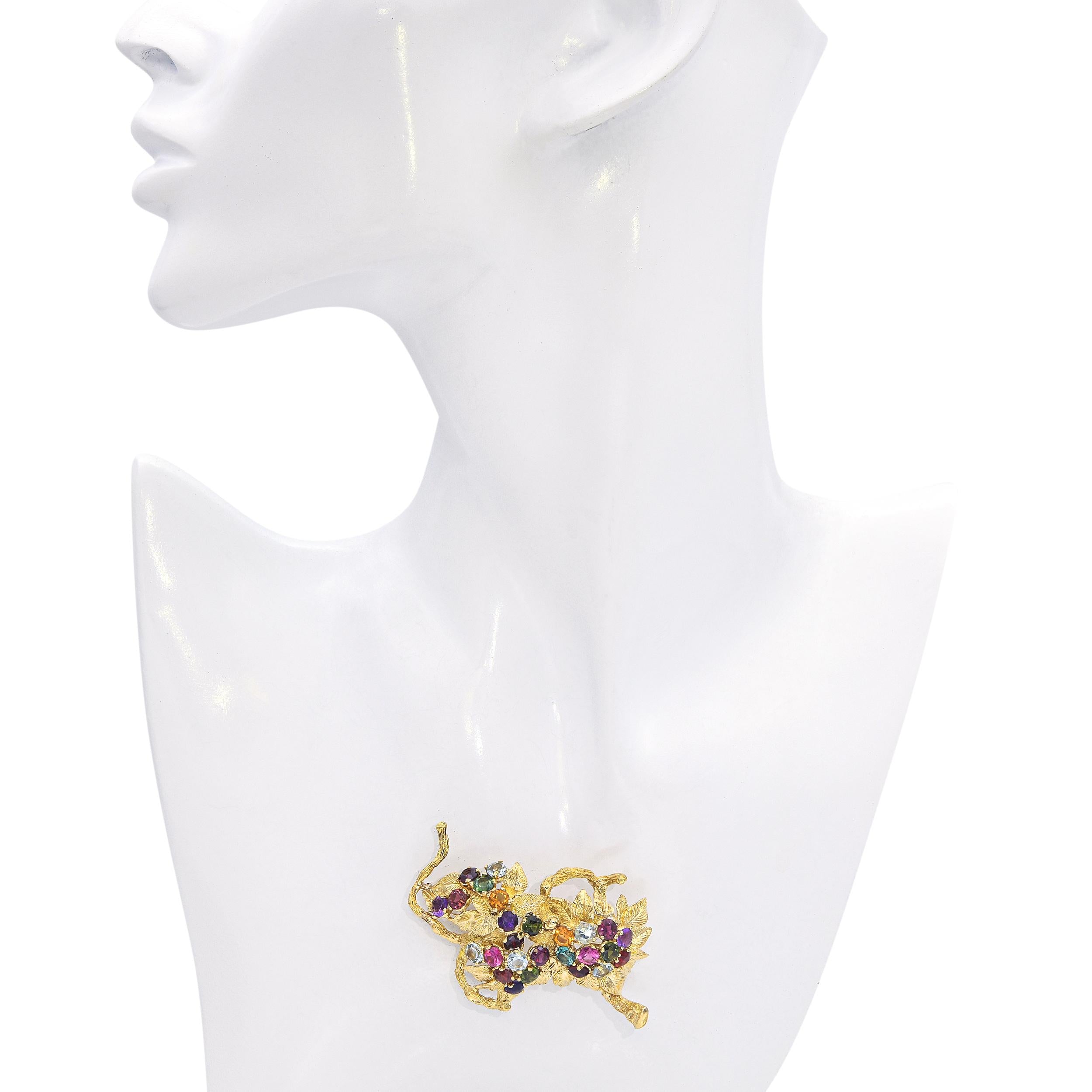 Vintage H Stern 18k Yellow Gold and Mixed Gemstone Foliage Brooch