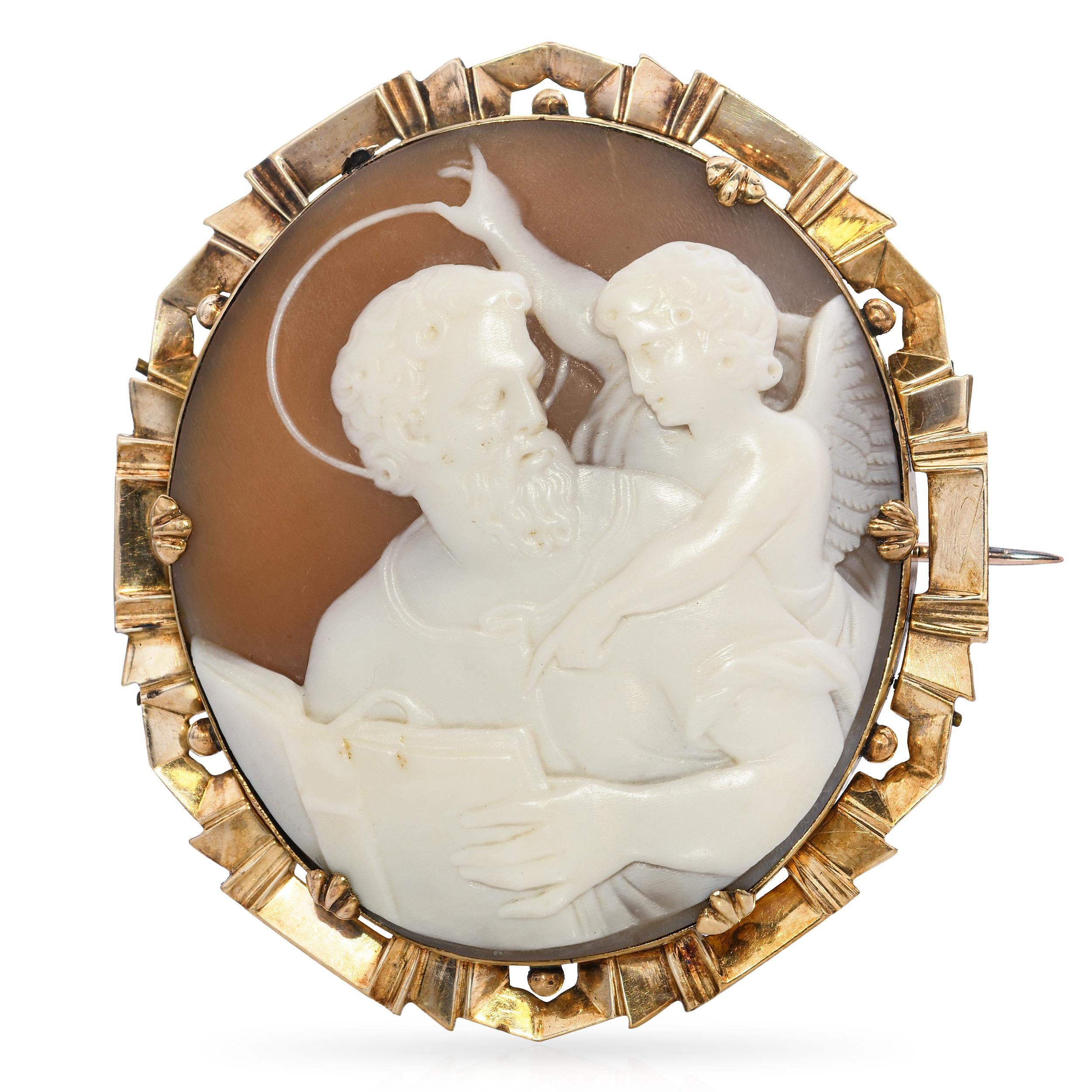 Antique 9k Yellow Gold St Matthew with Angel Cameo Mourning Brooch