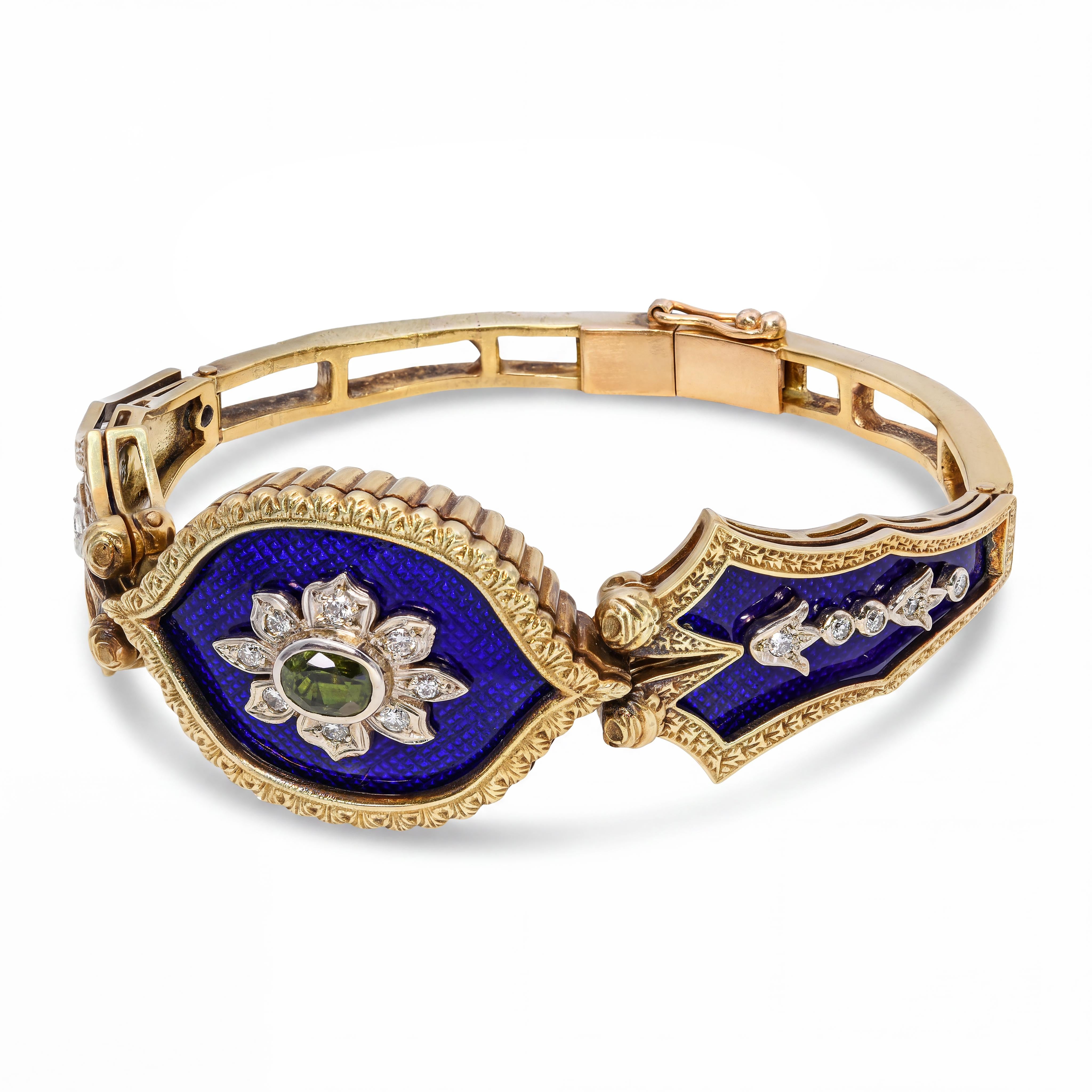 Antique Victorian Yellow Gold Guilloche Enamel Peridot & Diamond Hinged Bracelet