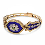 Antique Victorian Yellow Gold Guilloche Enamel Peridot & Diamond Hinged Bracelet
