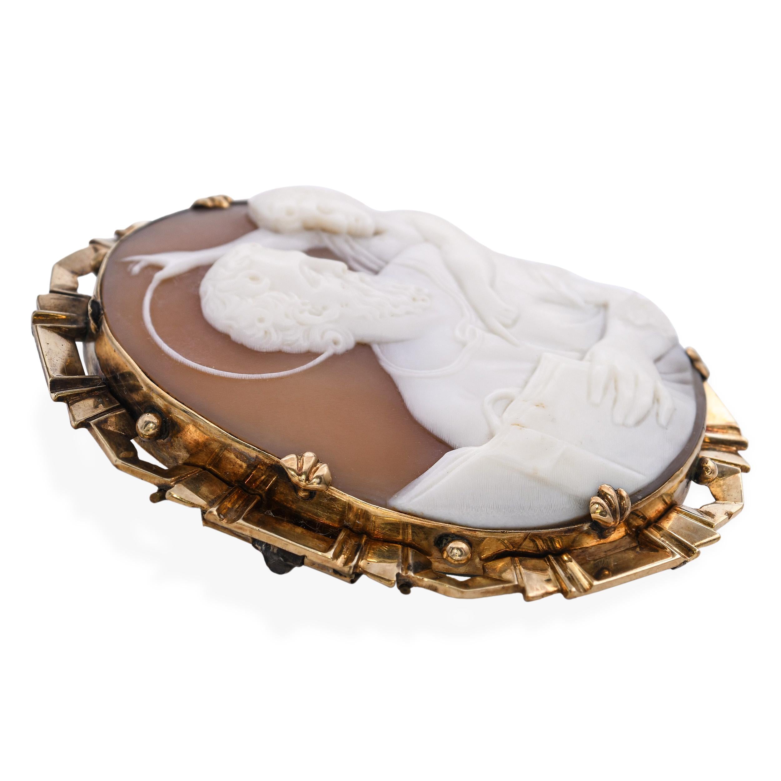 Antique 9k Yellow Gold St Matthew with Angel Cameo Mourning Brooch