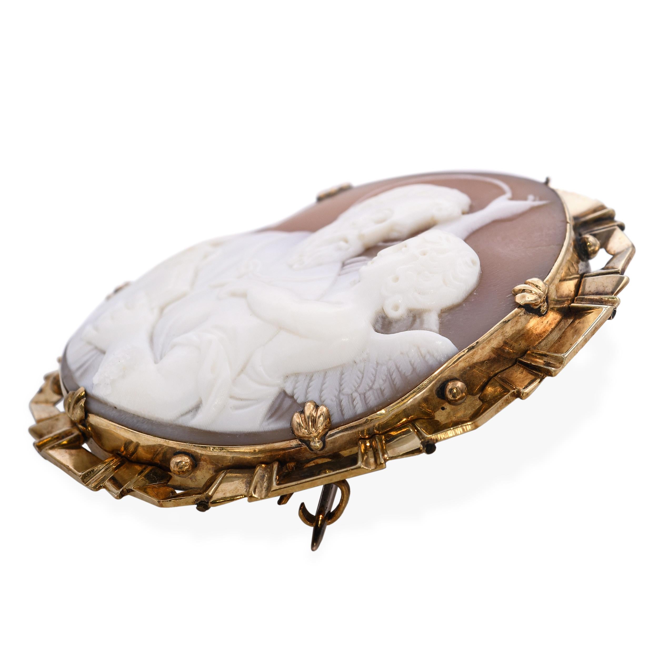 Antique 9k Yellow Gold St Matthew with Angel Cameo Mourning Brooch