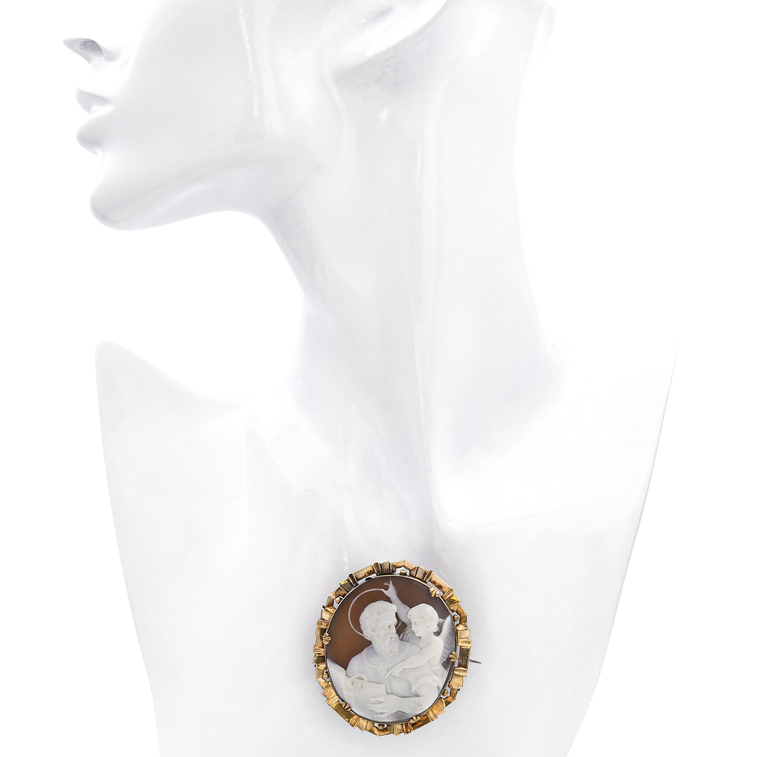 Antique 9k Yellow Gold St Matthew with Angel Cameo Mourning Brooch