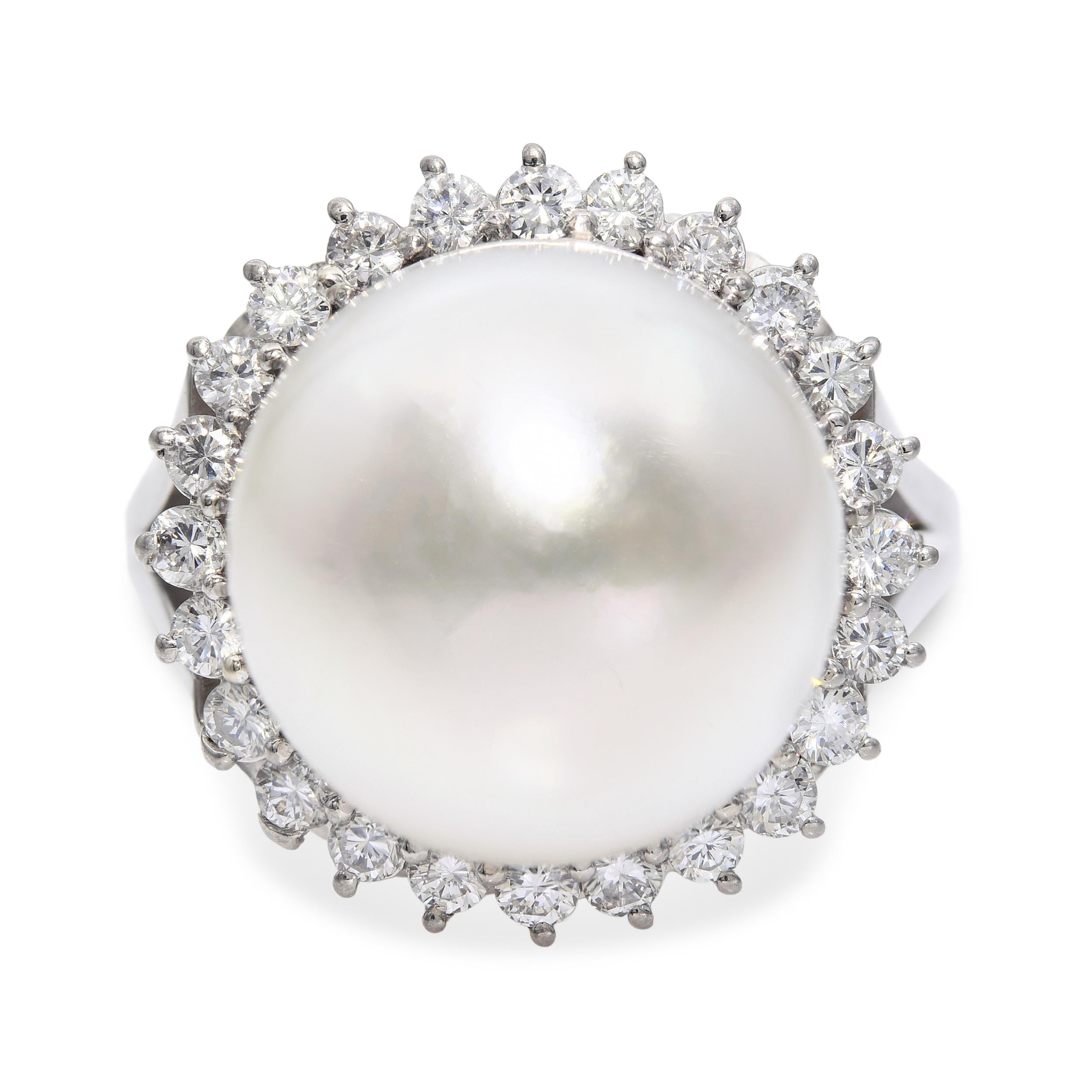 Vintage Platinum South Sea Pearl and Diamond Halo Ring