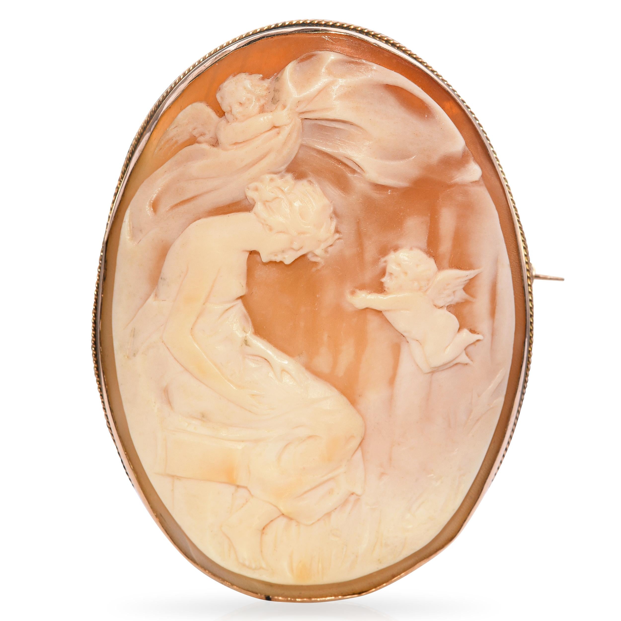 Antique Yellow Gold Love Comes Calling Shell Cameo Brooch