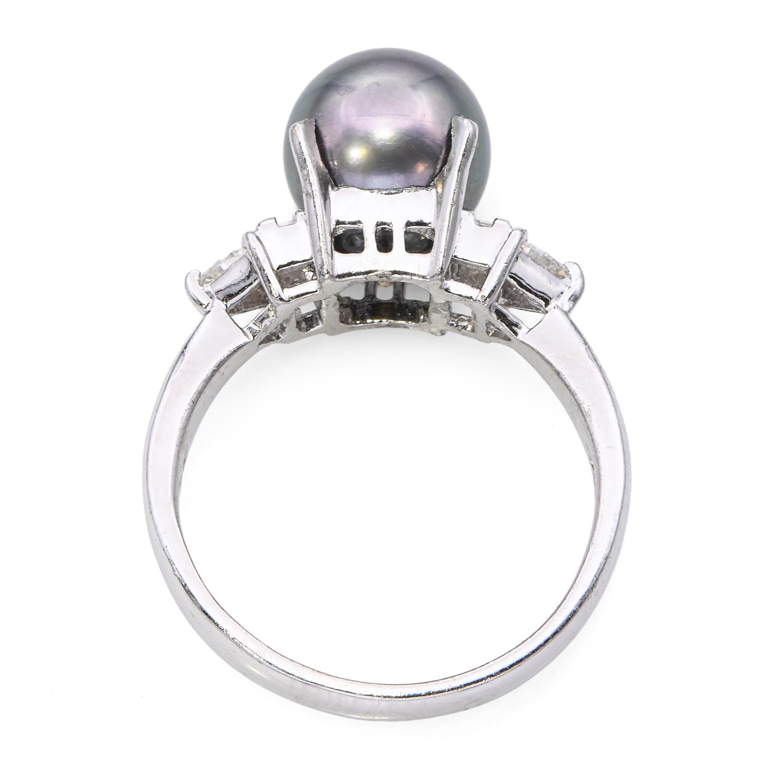 Vintage Platinum Tahitian Pearl and Diamond Ring