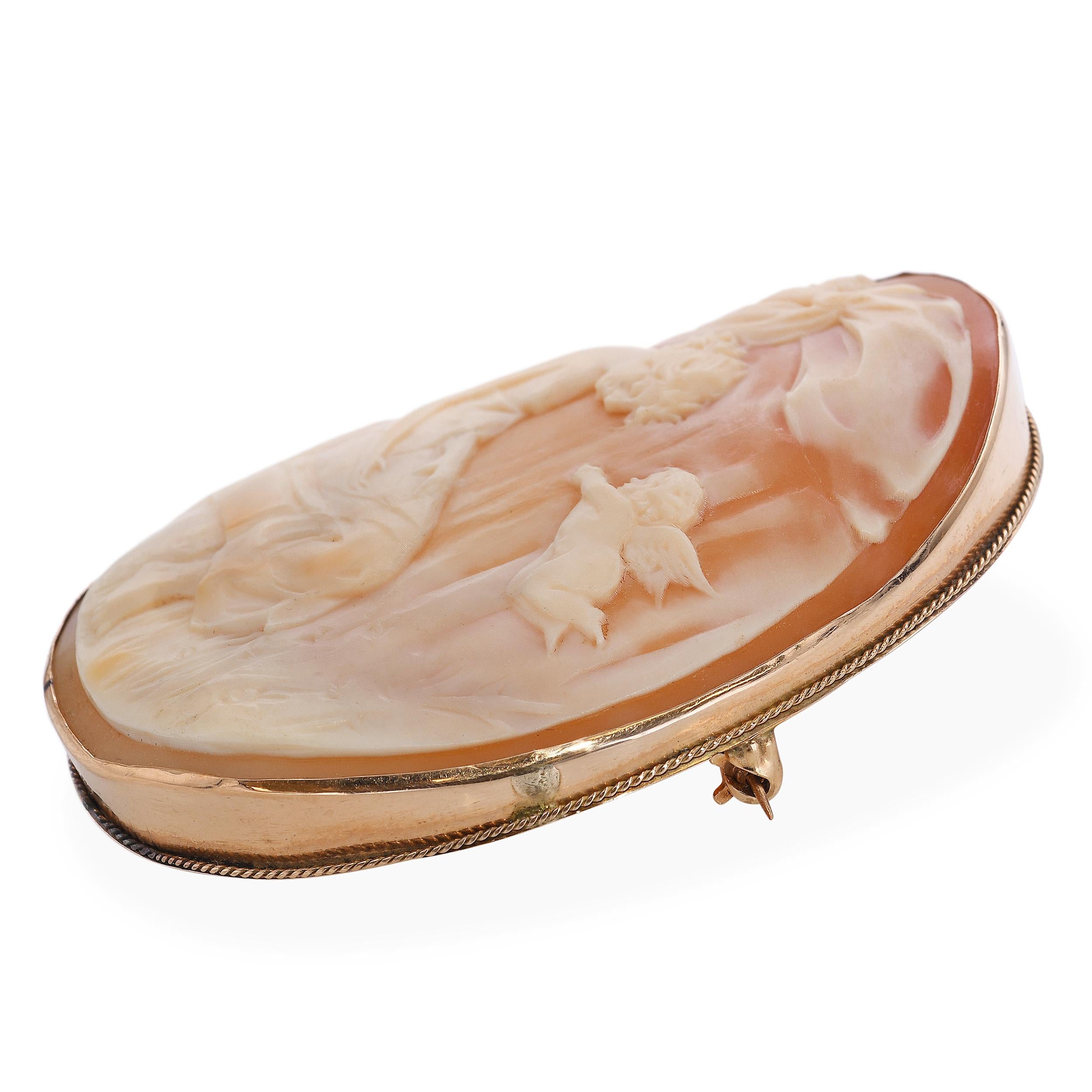 Antique Yellow Gold Love Comes Calling Shell Cameo Brooch