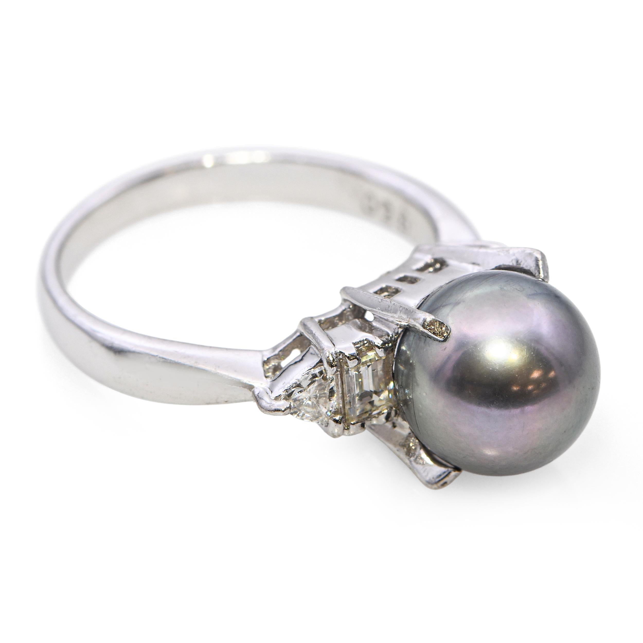 Vintage Platinum Tahitian Pearl and Diamond Ring