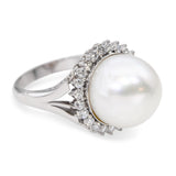 Vintage Platinum South Sea Pearl and Diamond Halo Ring