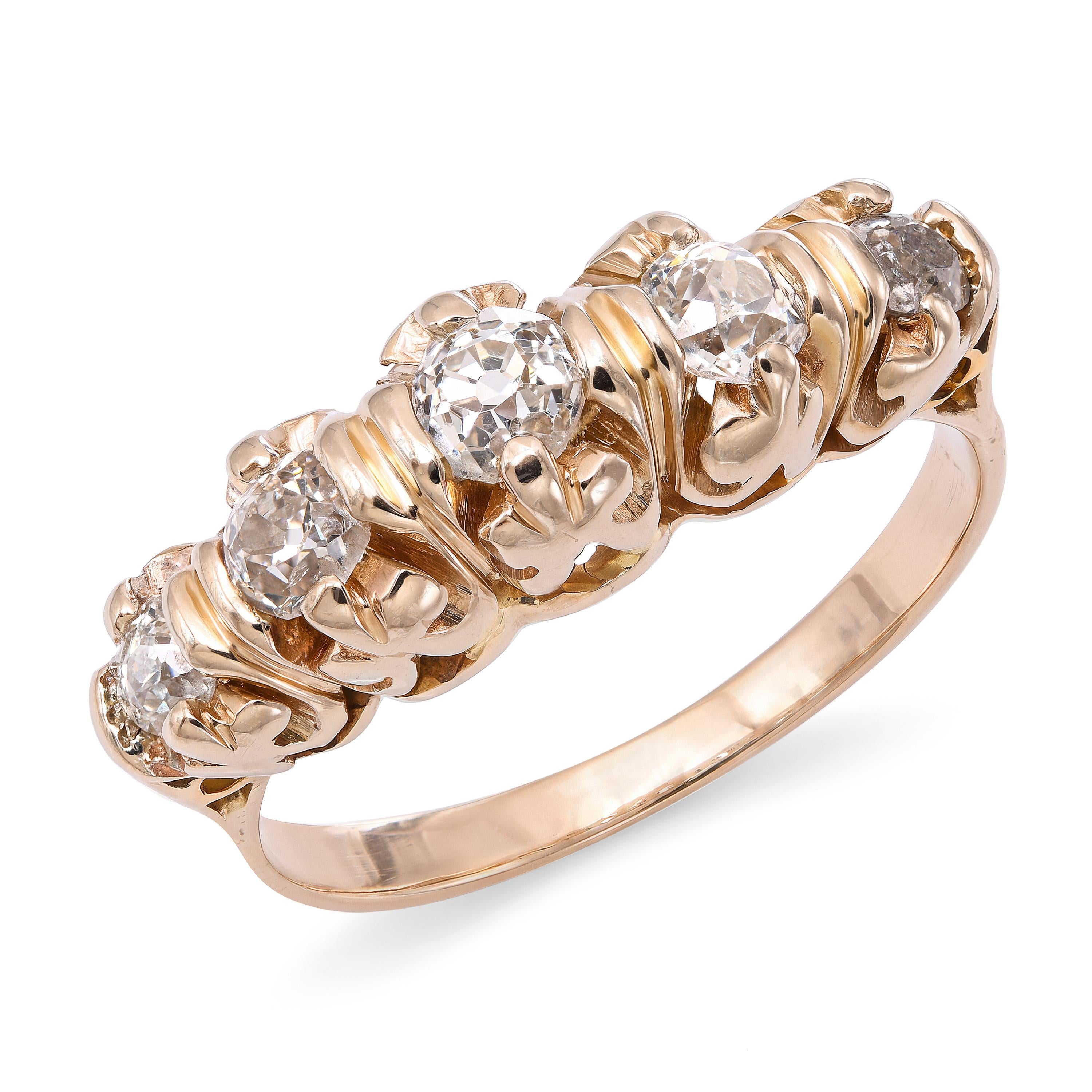 Antique Victorian 15k Yellow Gold Old European Cut Diamond Five Stone Ring