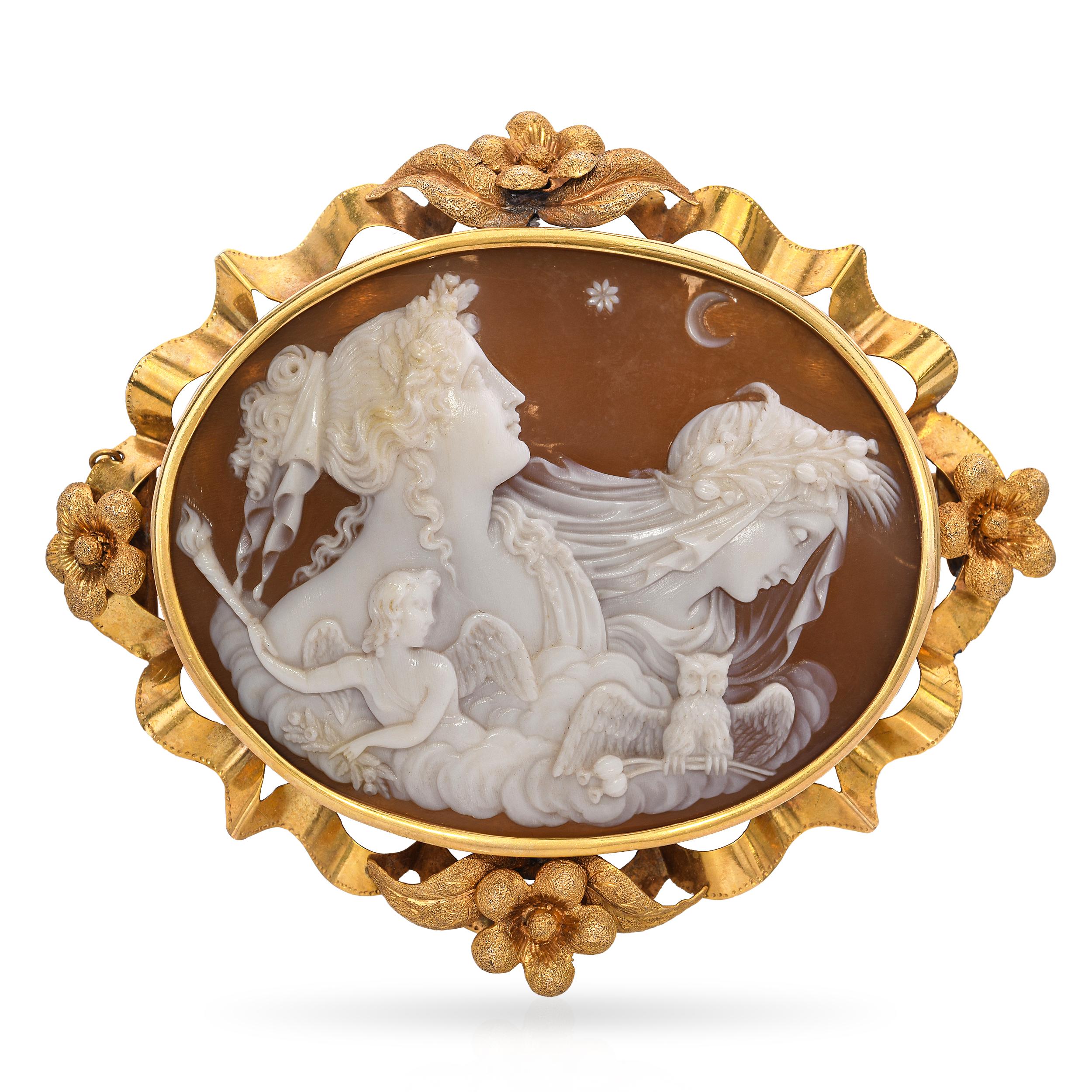 Antique 18k Yellow Gold Allegory of the Day and Night Shell Cameo Brooch