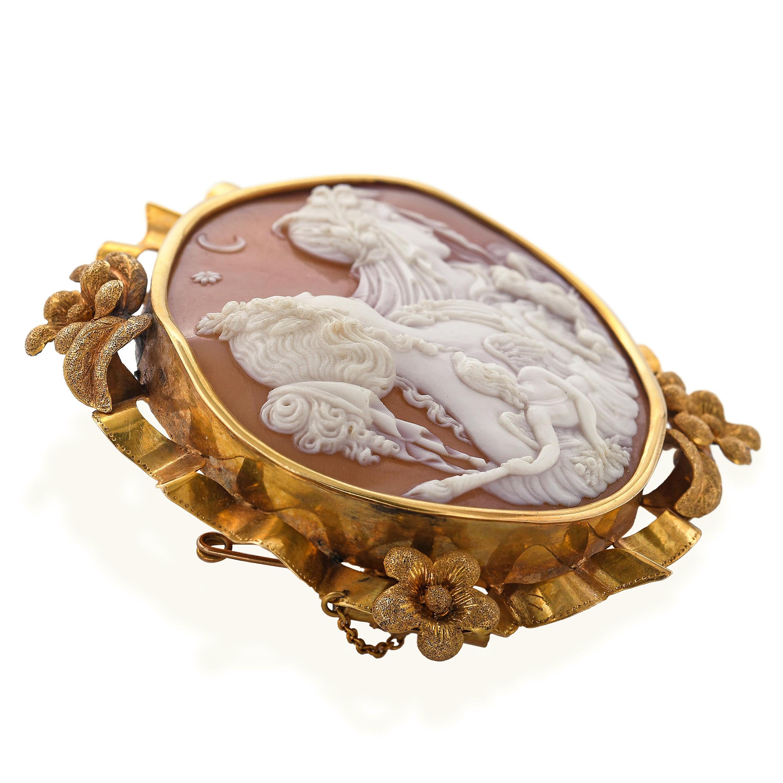 Antique 18k Yellow Gold Allegory of the Day and Night Shell Cameo Brooch