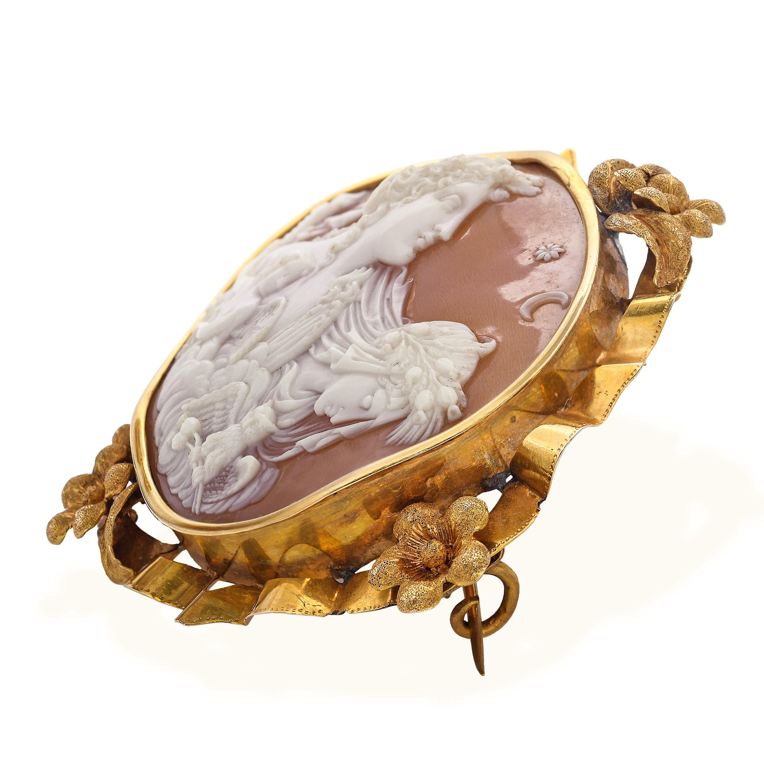 Antique 18k Yellow Gold Allegory of the Day and Night Shell Cameo Brooch