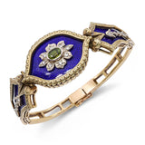 Antique Victorian Yellow Gold Guilloche Enamel Peridot & Diamond Hinged Bracelet
