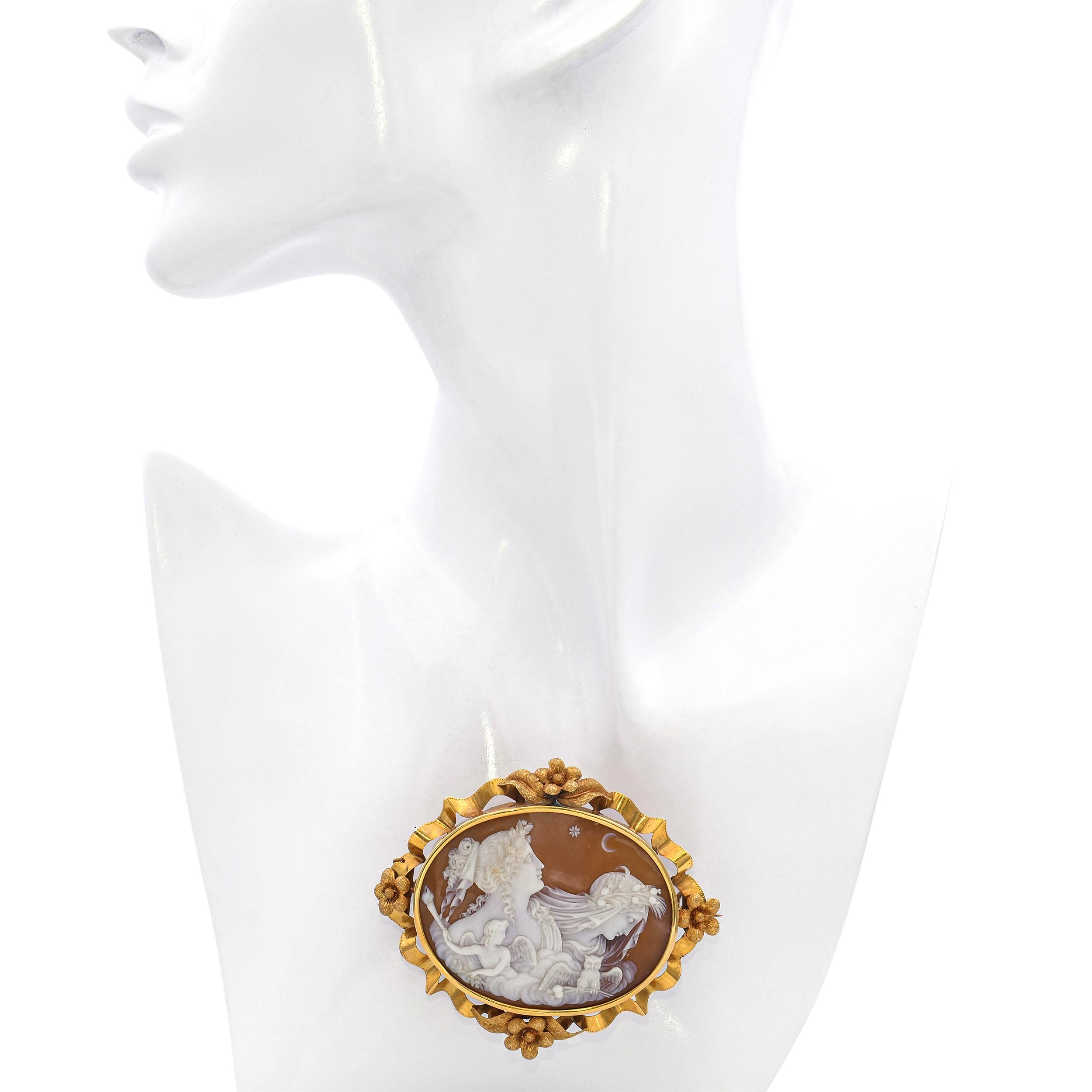 Antique 18k Yellow Gold Allegory of the Day and Night Shell Cameo Brooch