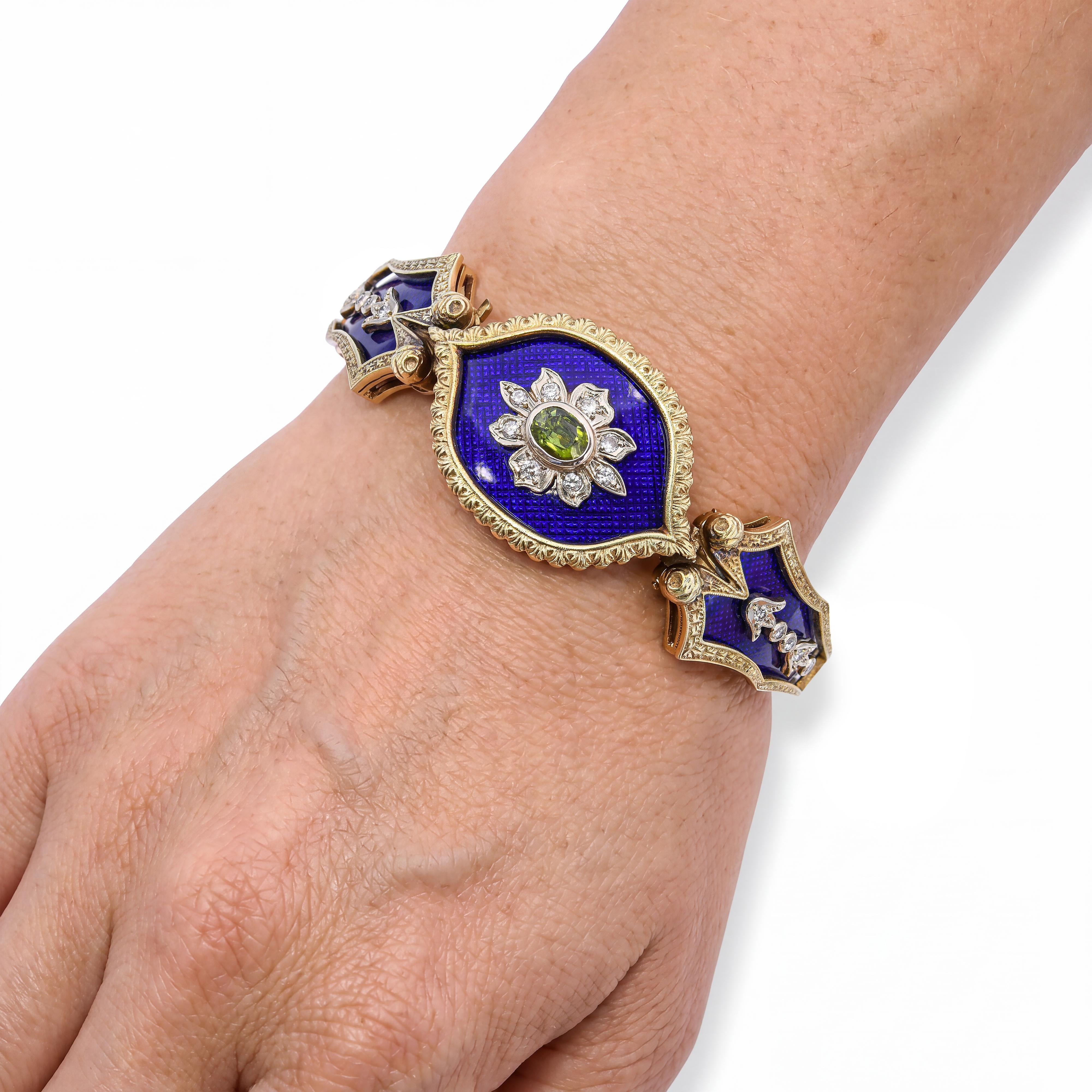 Antique Victorian Yellow Gold Guilloche Enamel Peridot & Diamond Hinged Bracelet