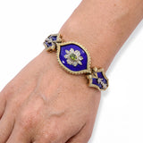 Antique Victorian Yellow Gold Guilloche Enamel Peridot & Diamond Hinged Bracelet