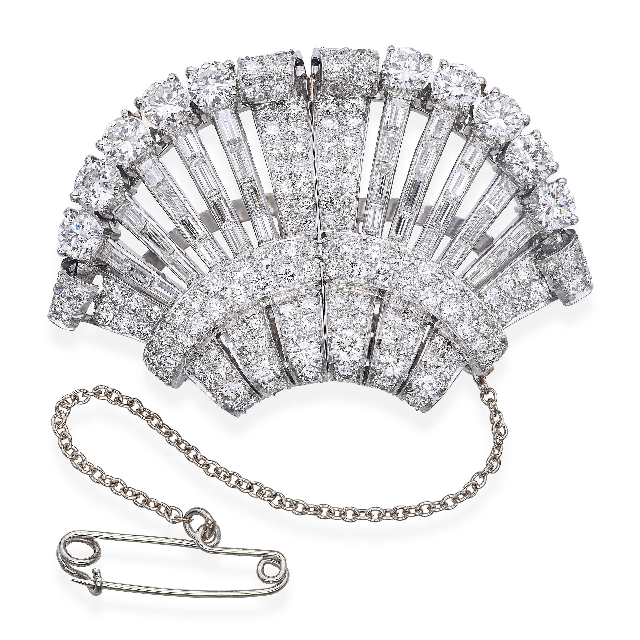 Vintage Platinum and White Gold 12.5tcw Diamond Fan Brooch