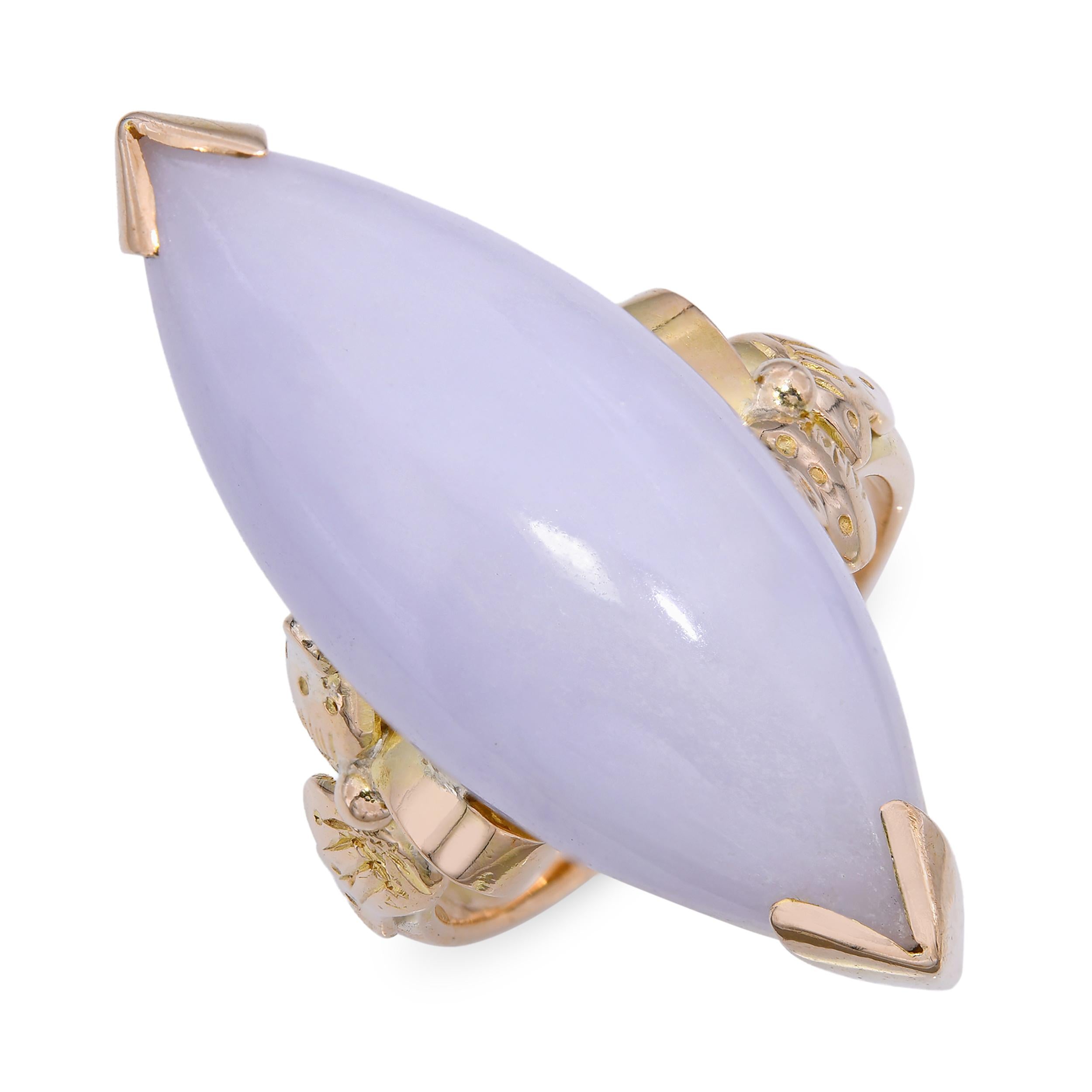 14K Yellow Gold 9.8ct Lavender Jadeite Jade Marquise Cabochon Statement Ring