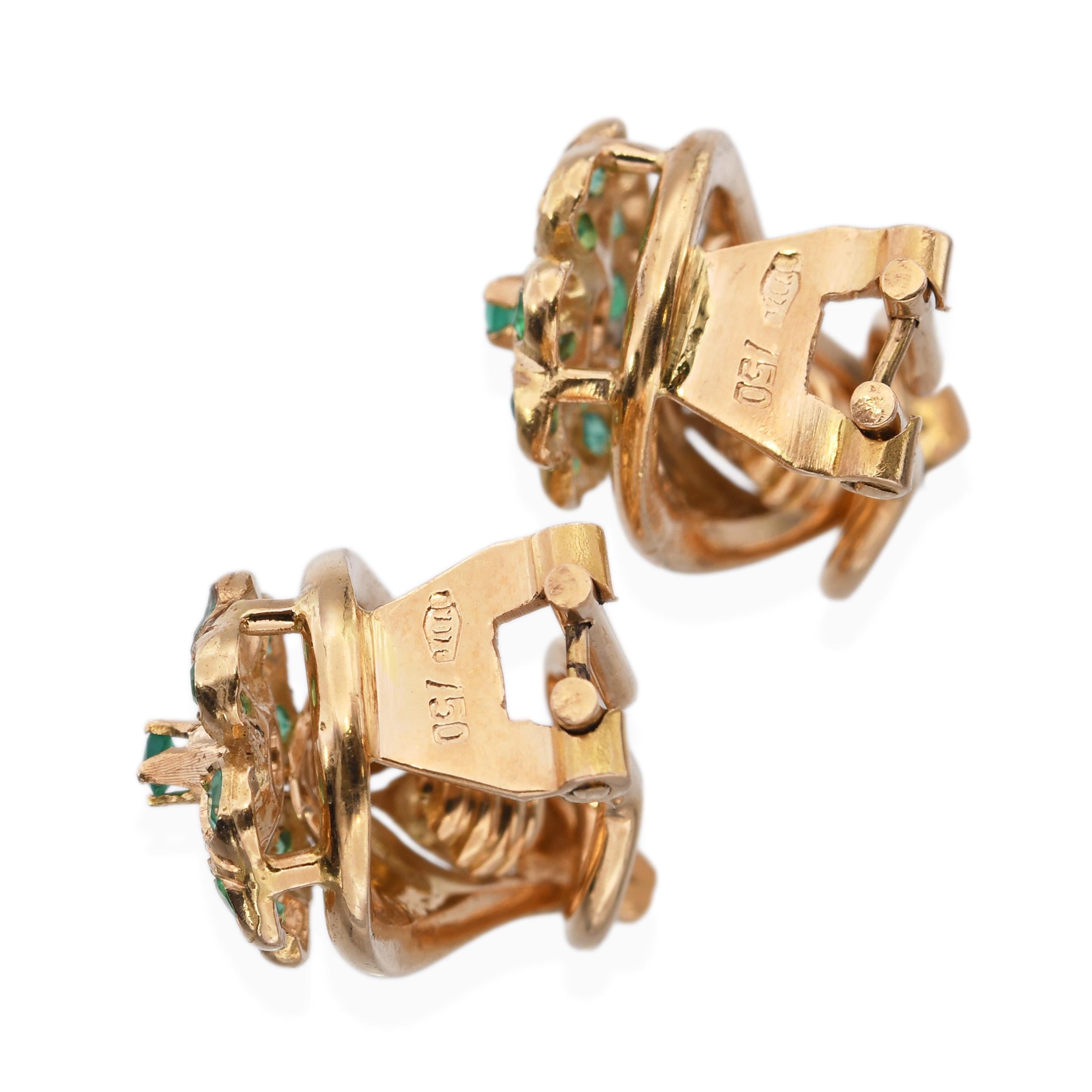 Vintage 18k Yellow Gold Emerald Four Leaf Clover Omega Back Earrings