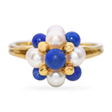 Vintage 18k Yellow Gold Pearl and Lapis Cluster Ring