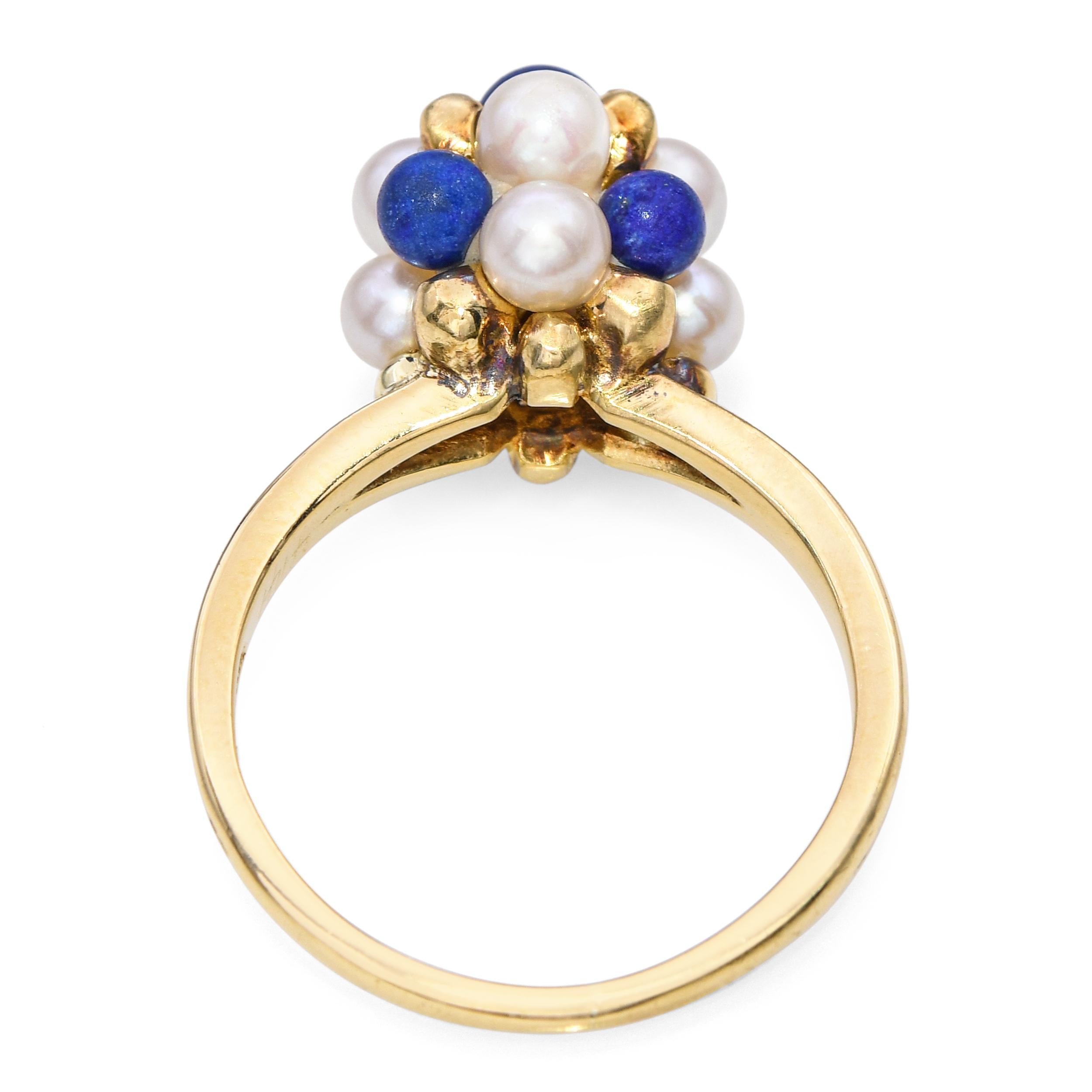Vintage 18k Yellow Gold Pearl and Lapis Cluster Ring