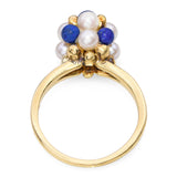 Vintage 18k Yellow Gold Pearl and Lapis Cluster Ring