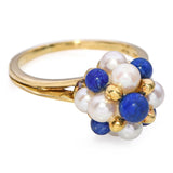 Vintage 18k Yellow Gold Pearl and Lapis Cluster Ring