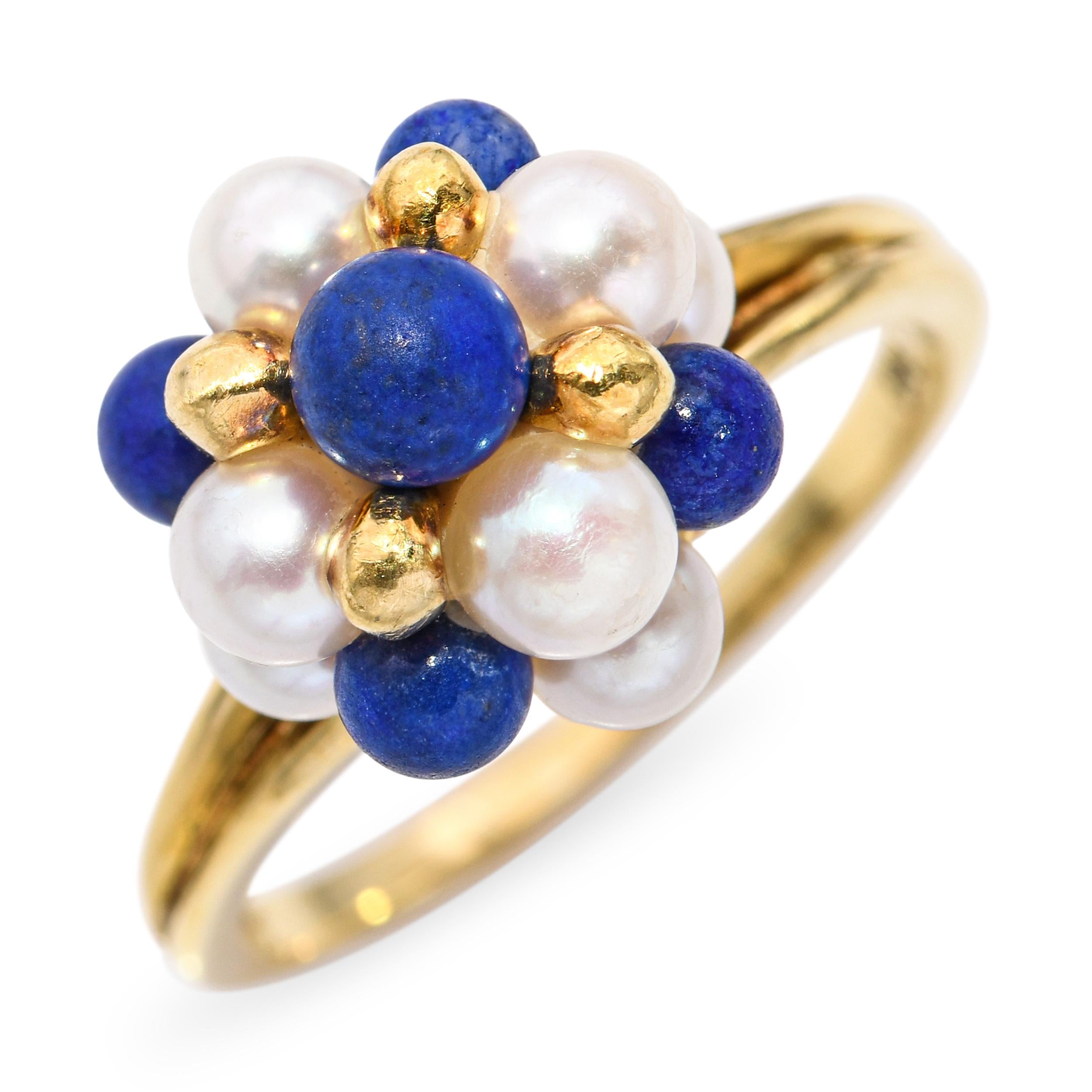 Vintage 18k Yellow Gold Pearl and Lapis Cluster Ring