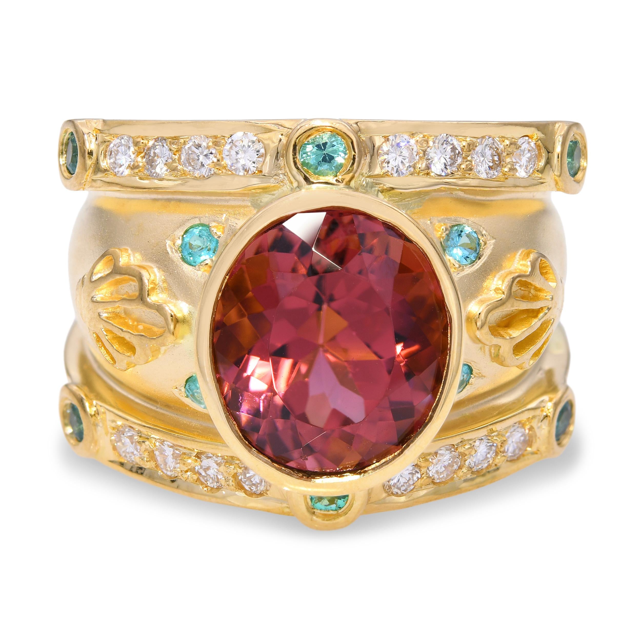 18k Yellow Gold 5.28ct Rubellite, Paraiba Tourmaline, Diamond Statement Ring