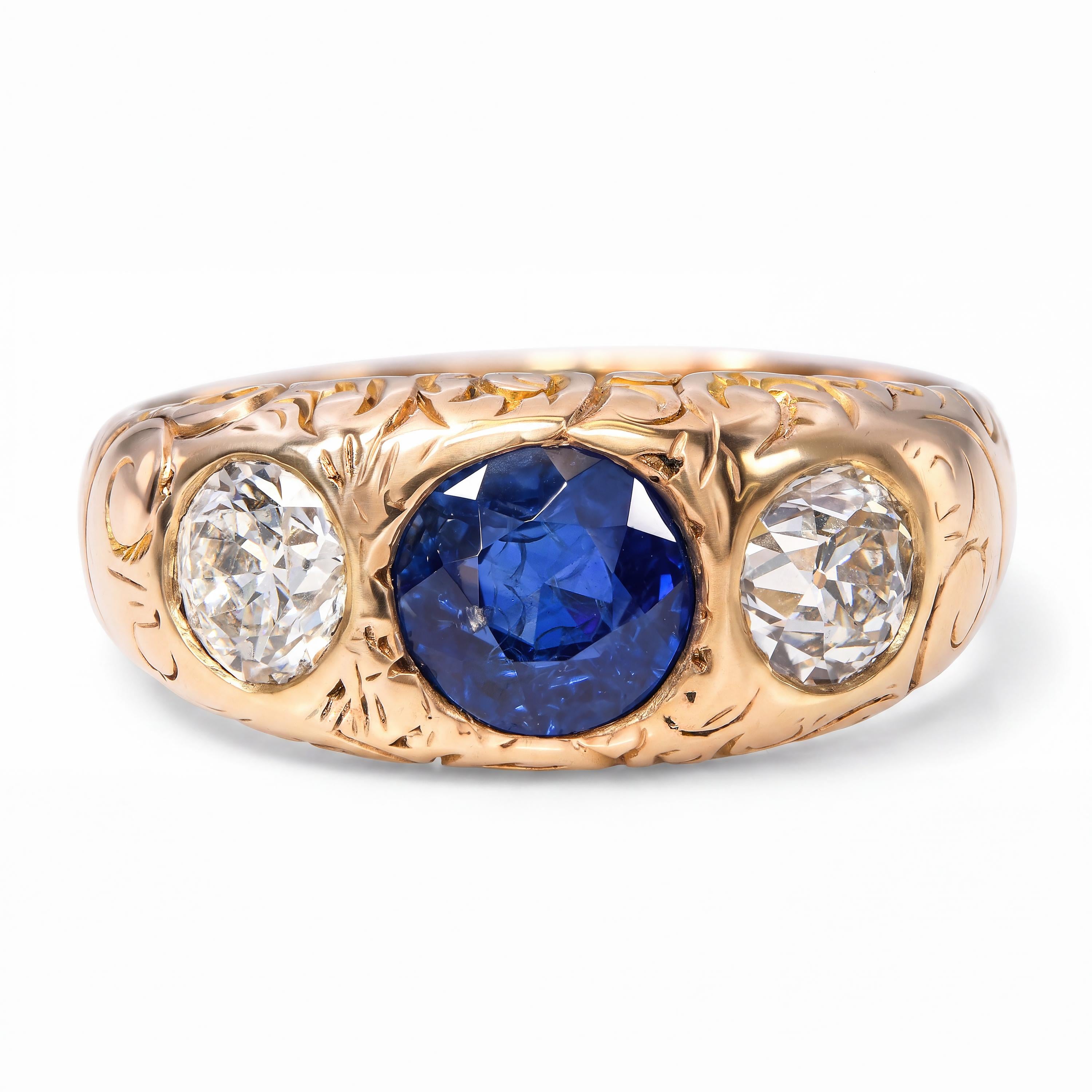 Antique Yellow Gold 1.16ct GIA No Heat Sapphire & 1.02ctw Old Euro Diamond Ring