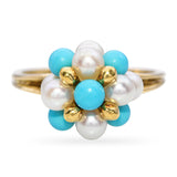 Vintage 18k Yellow Gold Pearl and Turquoise Cluster Ring