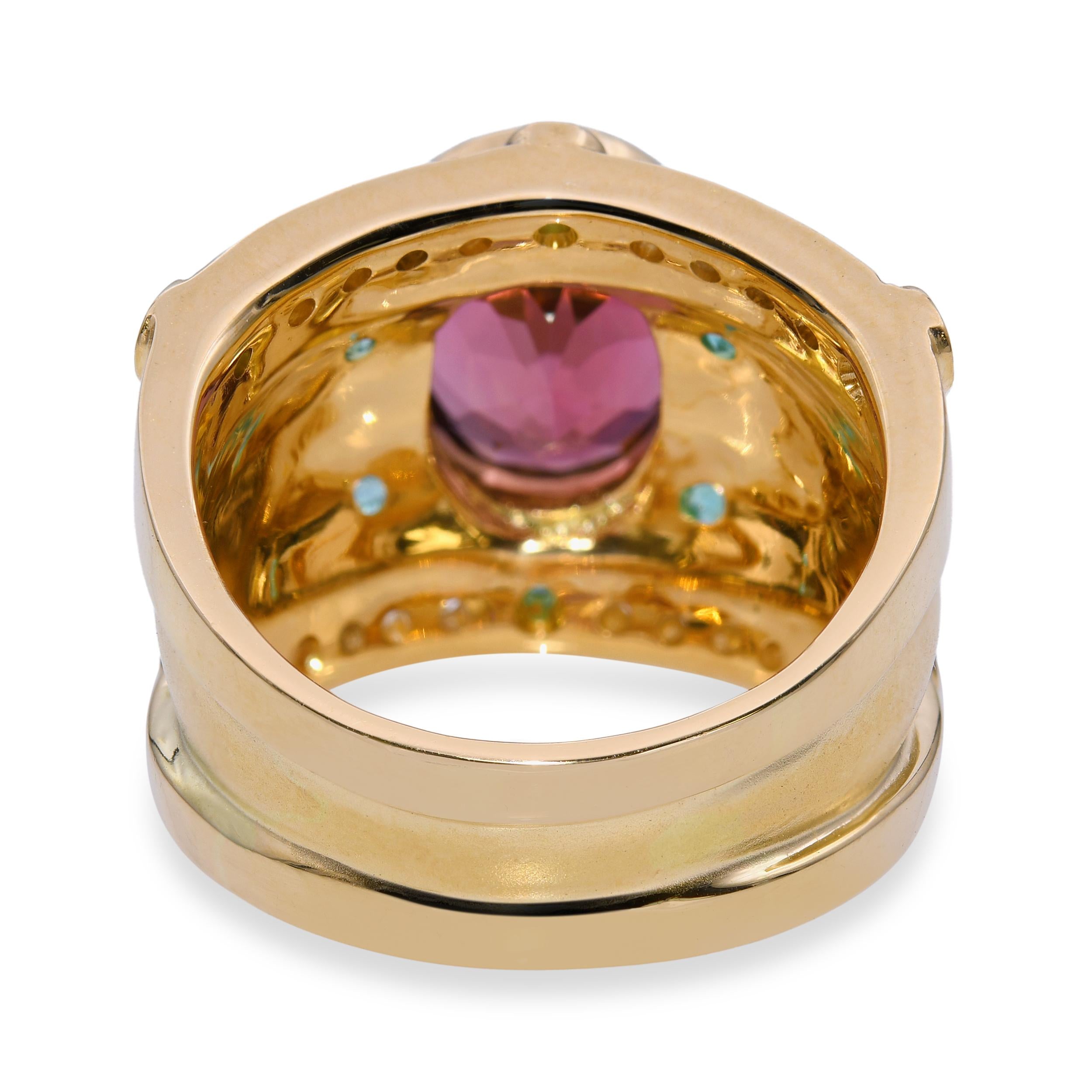 18k Yellow Gold 5.28ct Rubellite, Paraiba Tourmaline, Diamond Statement Ring