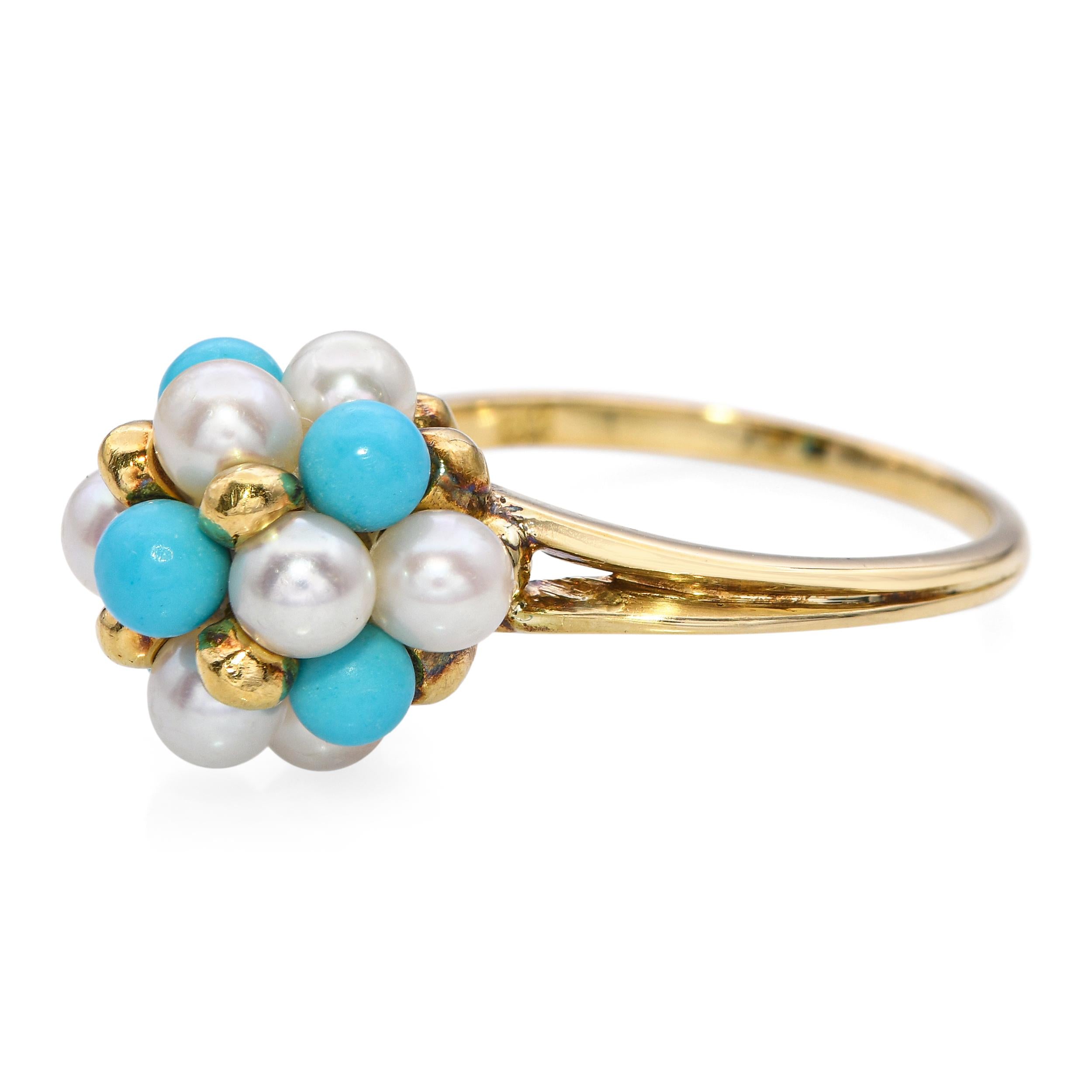 Vintage 18k Yellow Gold Pearl and Turquoise Cluster Ring