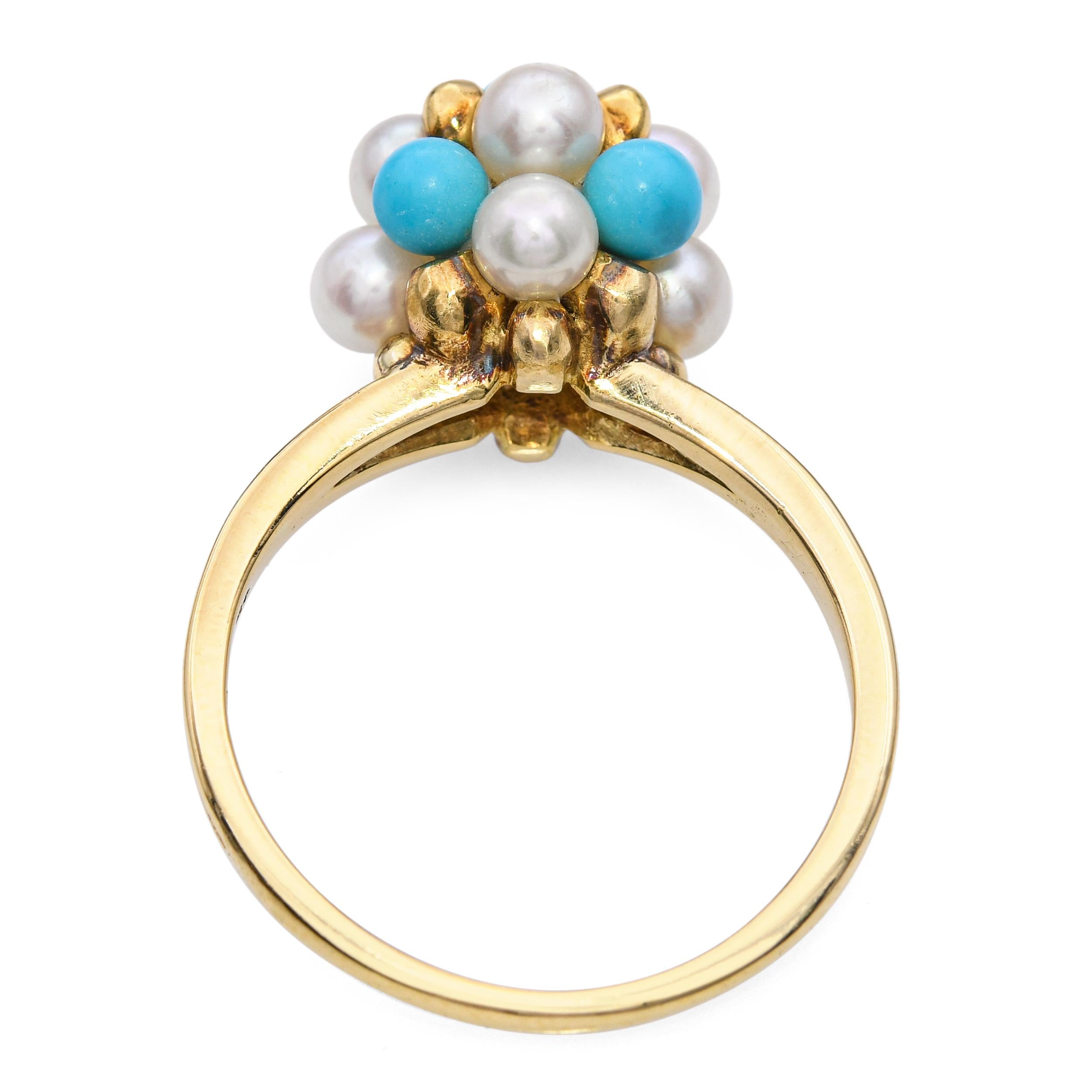 Vintage 18k Yellow Gold Pearl and Turquoise Cluster Ring