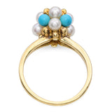 Vintage 18k Yellow Gold Pearl and Turquoise Cluster Ring