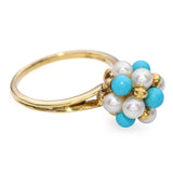 Vintage 18k Yellow Gold Pearl and Turquoise Cluster Ring