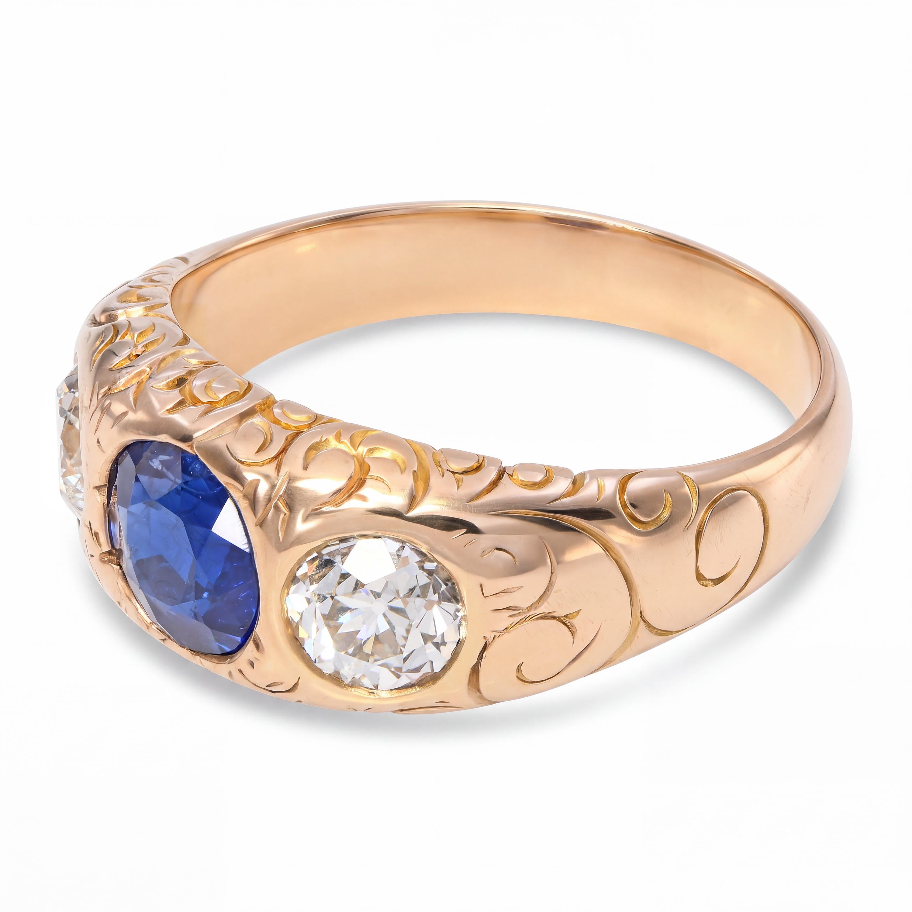 Antique Yellow Gold 1.16ct GIA No Heat Sapphire & 1.02ctw Old Euro Diamond Ring