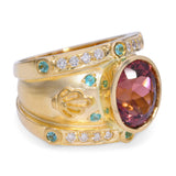 18k Yellow Gold 5.28ct Rubellite, Paraiba Tourmaline, Diamond Statement Ring