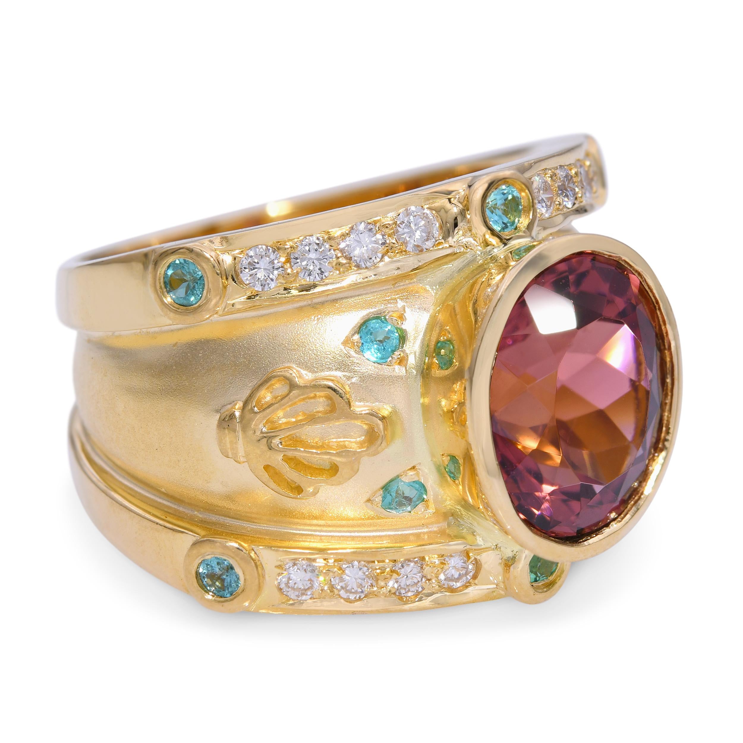 18k Yellow Gold 5.28ct Rubellite, Paraiba Tourmaline, Diamond Statement Ring