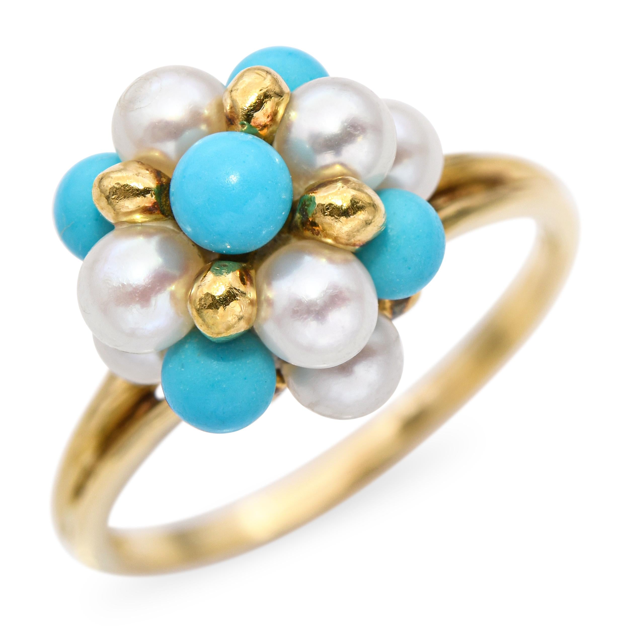 Vintage 18k Yellow Gold Pearl and Turquoise Cluster Ring