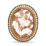 Victorian 14k Yellow Gold Seed Pearl Shell Cameo Poppy Flower Brooch