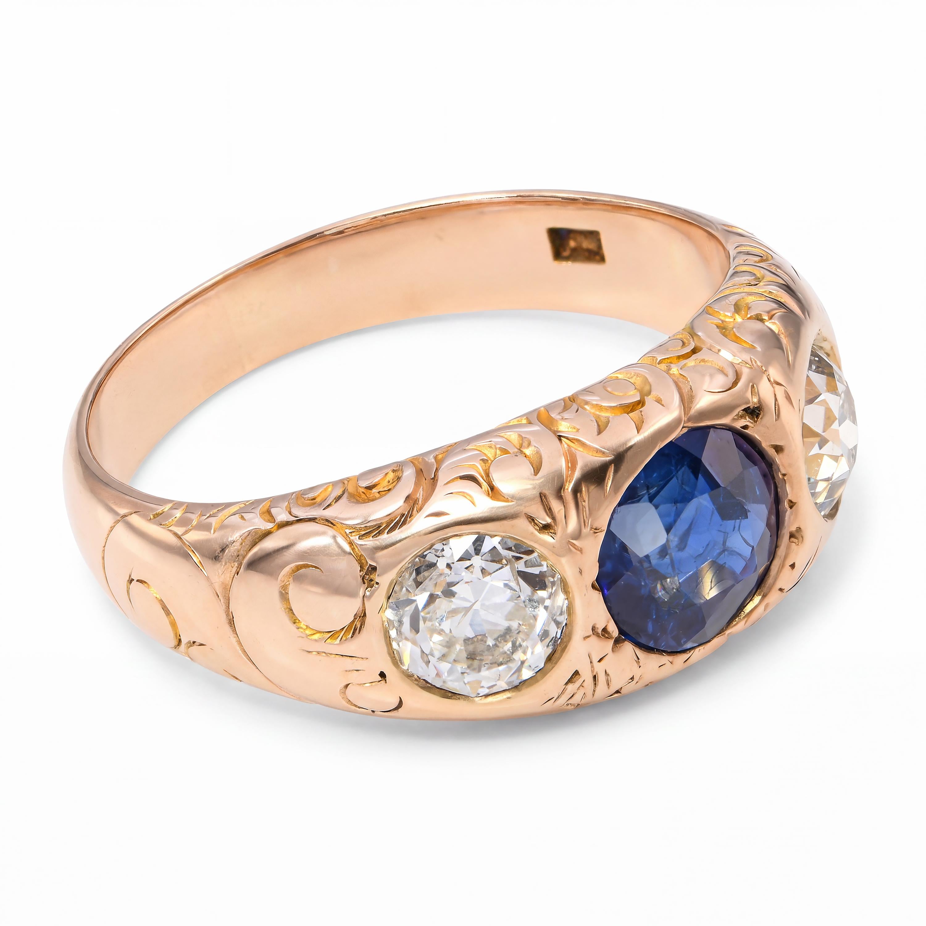 Antique Yellow Gold 1.16ct GIA No Heat Sapphire & 1.02ctw Old Euro Diamond Ring