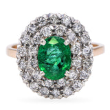 Vintage 16k Yellow Gold and Silver Diamond and Emerald Statement Ring