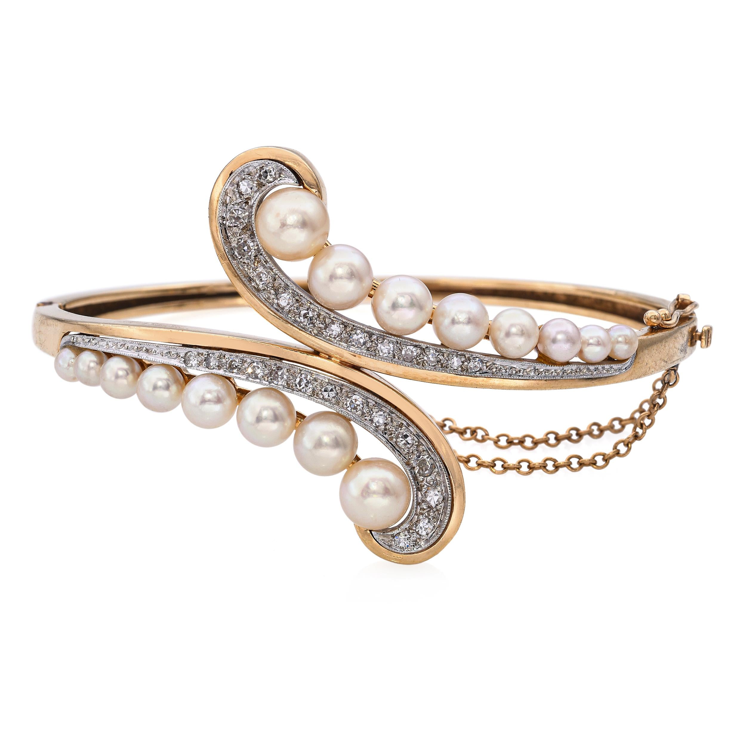 Vintage 14k Yellow Gold Pearl and Diamond Bypass Hinged Bangle Bracelet