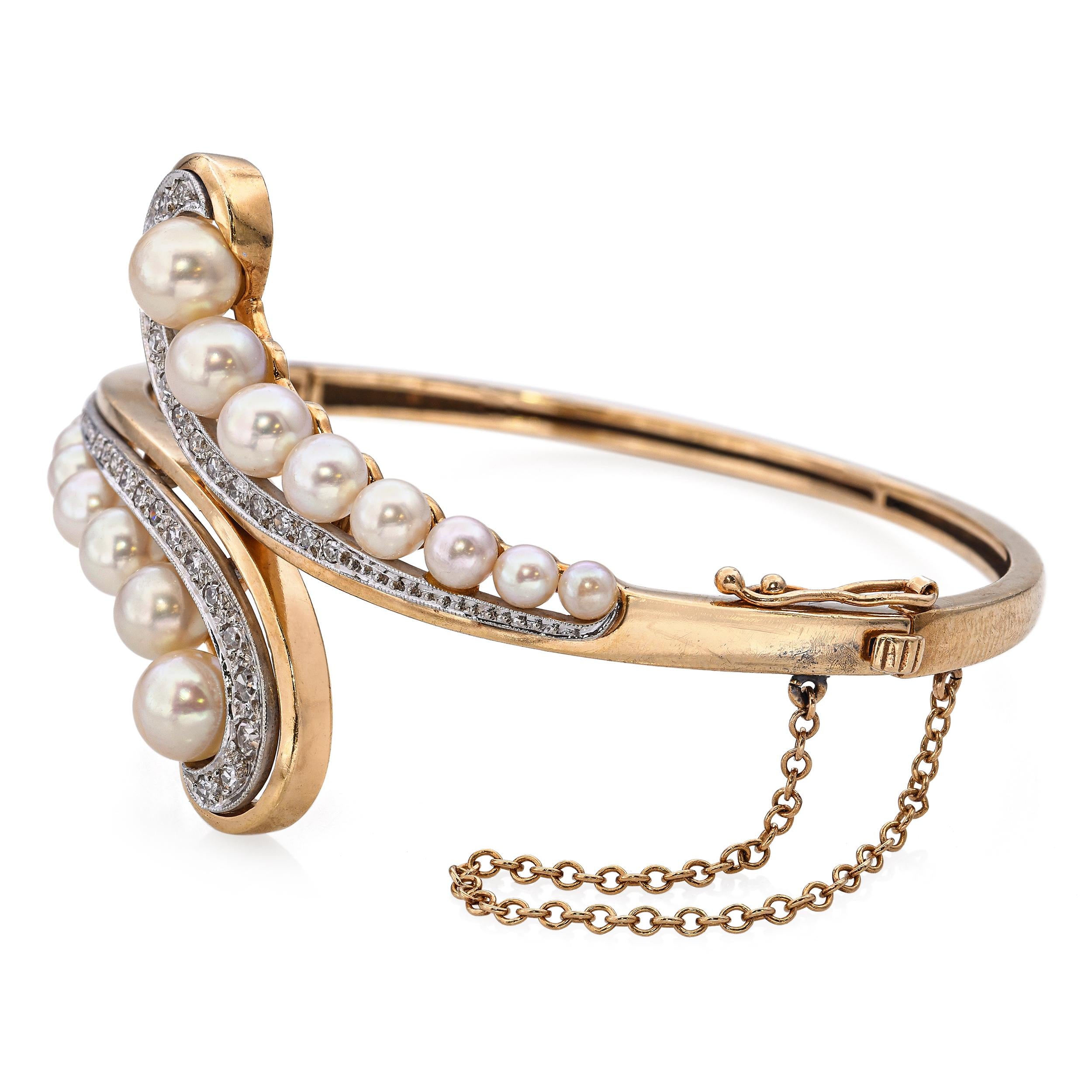 Vintage 14k Yellow Gold Pearl and Diamond Bypass Hinged Bangle Bracelet