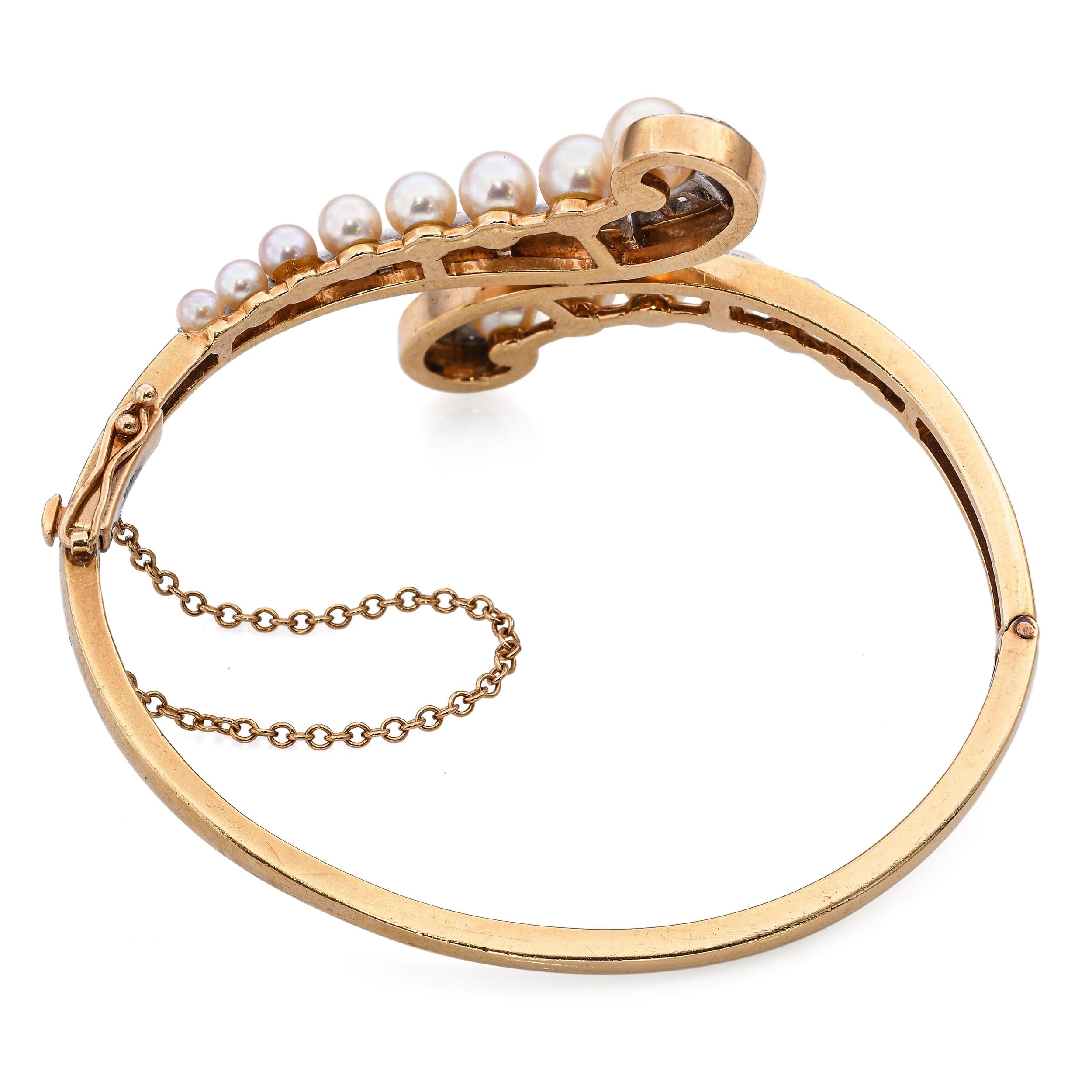 Vintage 14k Yellow Gold Pearl and Diamond Bypass Hinged Bangle Bracelet